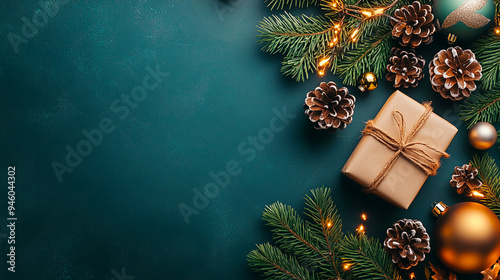 Festive Christmas flat lay featuring wrapped gift, pinecones, ornaments, and evergreen branches on a blue background with lights. Copy space. Top view.