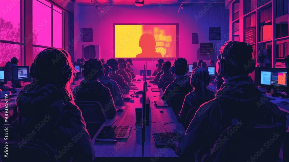 Neon Glow Classroom Students Digital Learning Technology Neon Glow Classroom Students Digital Learning Technology