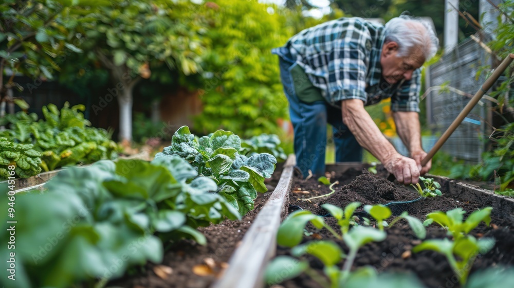 An older adult gardening in a raised bed pulling weeds and adding fresh soil to the garden An older adult gardening in a raised bed pulling weeds and adding fresh soil to the garden