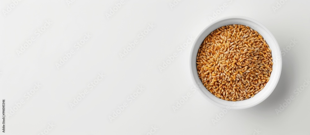 Wheat grains in a white bowl set against a white background Top view. Copy space image. Place for adding text and design