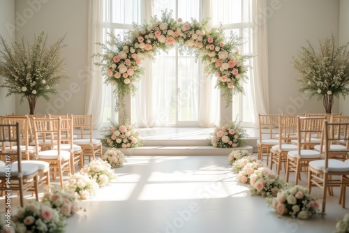 Floral Archway and Wooden Chairs in a Wedding Ceremony Setup