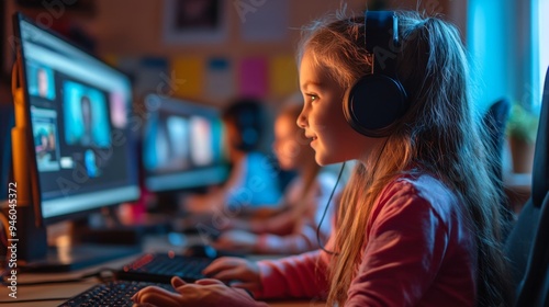 Girl with Headphones Using Computer in Gaming Room