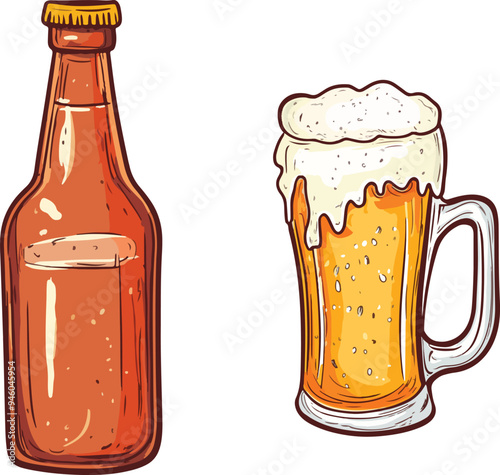 vector illustration of a beer bottle and a frothy beer mug. Suitable for use in bar menus, brewery branding, and Oktoberfest promotions.