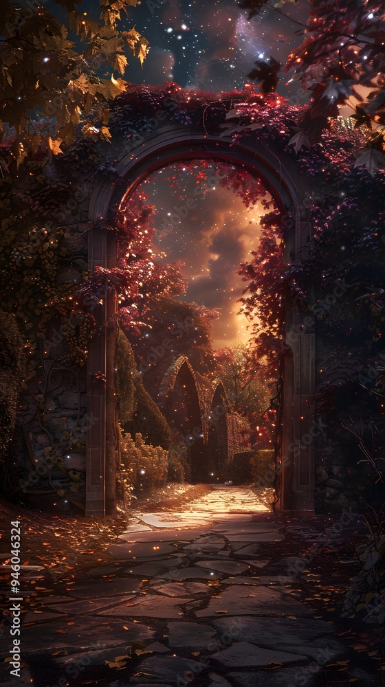 Magical Stone Archway Leading to a Mystical Forest.