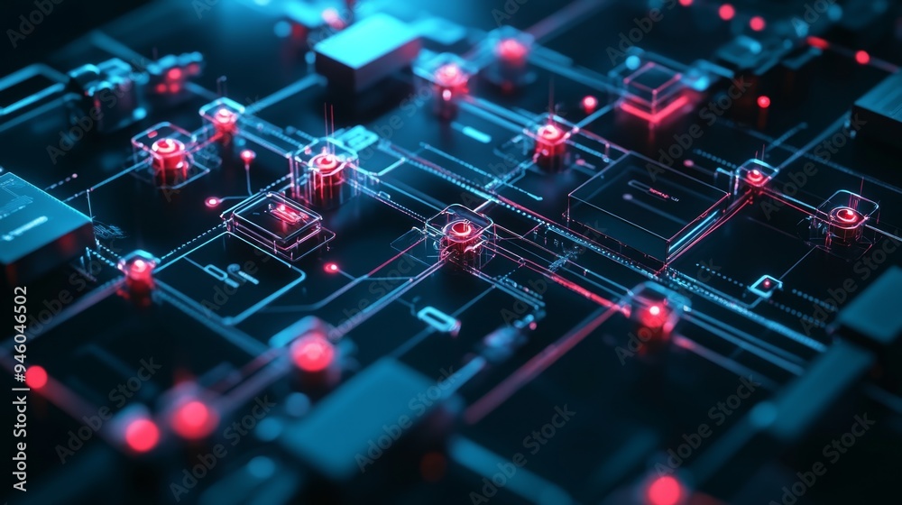Abstract Technology Circuit Board Background with Red and Blue Lights Abstract Technology Circuit Board Background with Red and Blue Lights