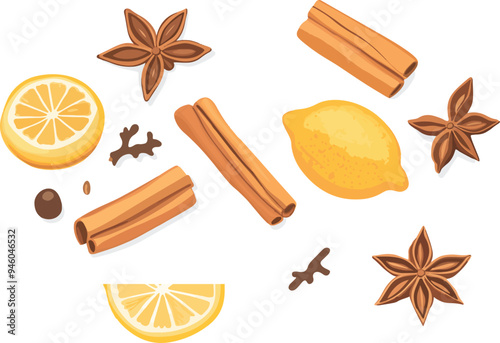 vector illustration featuring lemon slices, star anise, and cinnamon sticks arranged in a pattern. Perfect for use in culinary content, recipe illustrations, and seasonal designs.