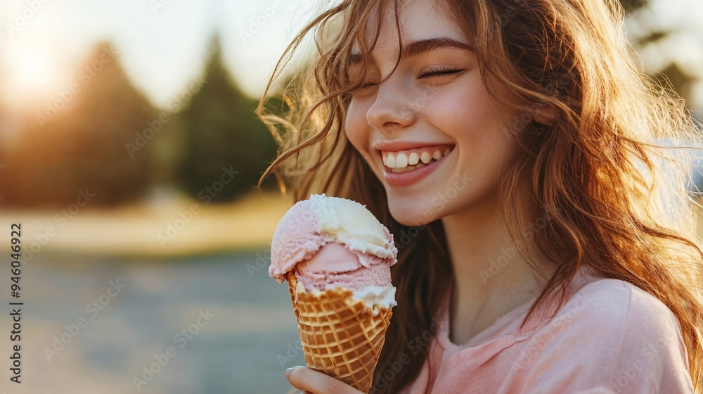 Happy Young Woman Enjoying Delicious Ice Cream in Waffle Cone Happy Young Woman Enjoying Delicious Ice Cream in Waffle Cone