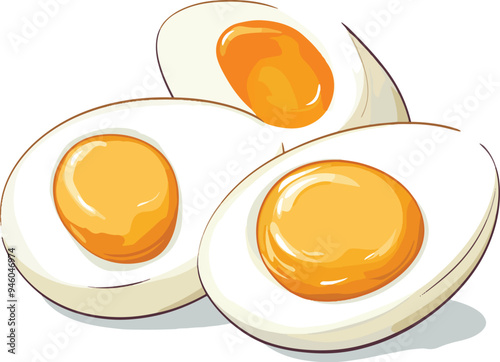vector illustration of three boiled eggs with bright yolks showing. Suitable for use in food blogs, nutrition guides, and breakfast menus.