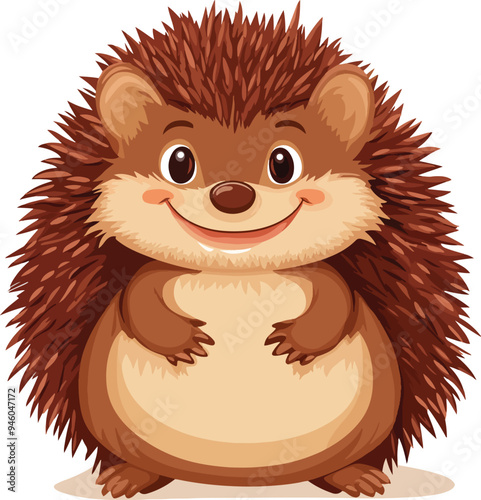 A vector illustration of a cute and smiling cartoon hedgehog. Ideal for children's books, educational materials, and playful designs.