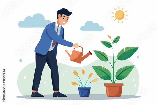 Personal development, self improvement or career growth, coaching or training to success, motivation to growing, develop skill or attitude concept, confidence businessman watering self on plant pot.
