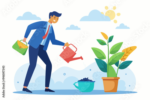 Personal development, self improvement or career growth, coaching or training to success, motivation to growing, develop skill or attitude concept, confidence businessman watering self on plant pot.
