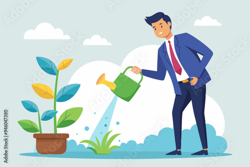 Personal development, self improvement or career growth, coaching or training to success, motivation to growing, develop skill or attitude concept, confidence businessman watering self on plant pot.
