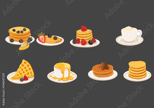 vector illustration of various breakfast foods, including pancakes, waffles, berries, and a cup of coffee. Perfect for use in breakfast menus, food blogs, and recipe books.