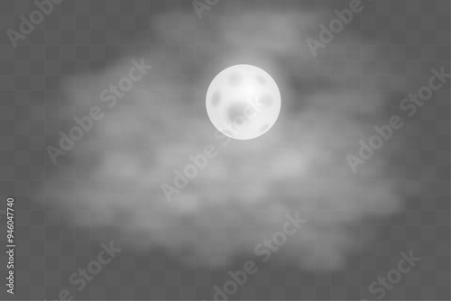 beautiful bright moon behind clouds. cloudy lunar eclipse. moon shine in the night sky on transparent background. vector illustration