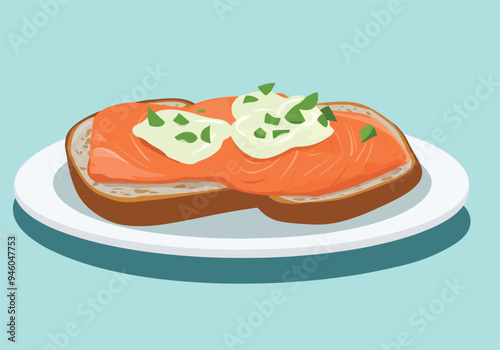 vector illustration of toast with smoked salmon and a dollop of cream, garnished with herbs, served on a plate. Ideal for use in gourmet food blogs, recipe books, and healthy eating campaigns.