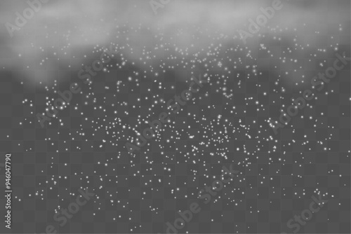 Vector falling snow overlay. Realistic shining snowfall background.  thick cloud with snow falling from it. decoration isolated on transparent with copy space. Vector illustration