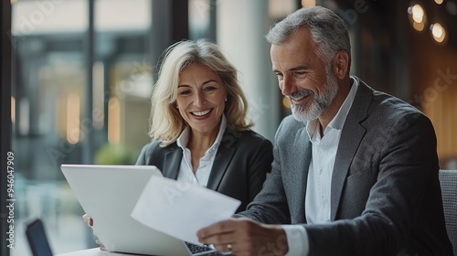 Two happy busy middle aged professionals man and woman business leaders partners checking document reading financial report talking working together on laptop computer.