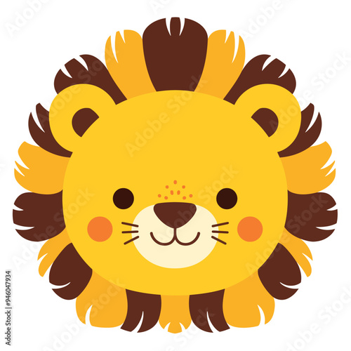 A cute cartoon lion head with simple flat illustration style for vector graphic logo design isolated on a white background