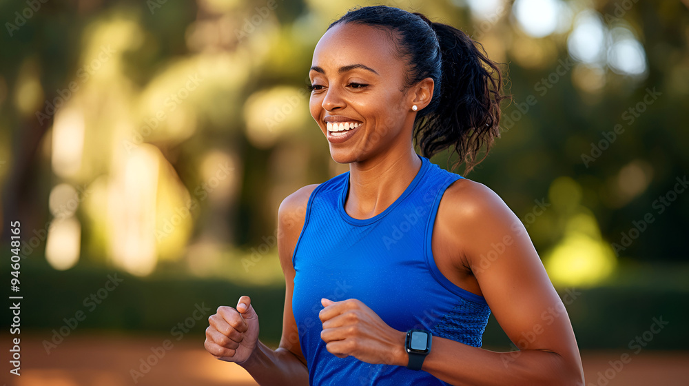 A fit African woman in blue tank top sprints on a track in a stadium, highlighting her athleticism and dedication to fitness. Copy space. A fit African woman in blue tank top sprints on a track in a stadium, highlighting her athleticism and dedication to fitness. Copy space.