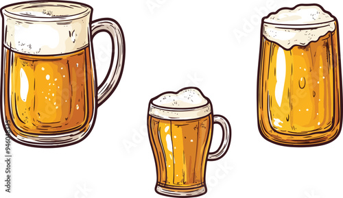 vector illustration of three beer mugs filled with frothy beer. Perfect for use in bar menus, Oktoberfest promotions, and brewery marketing materials.