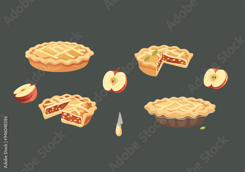 A vector illustration of apple pies and sliced apples arranged on a dark background. This image is ideal for use in food blogs, recipe books, and autumn-themed designs.