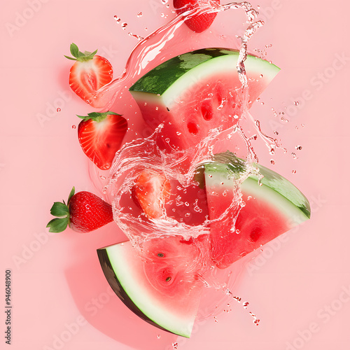 Watermelon and strawberry milk splash on salmon color background