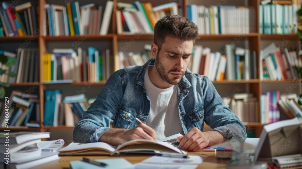 A male adult preparing for a professional exam, using a variety of study materials and practice tests to ensure thorough preparation A male adult preparing for a professional exam, using a variety of study materials and practice tests to ensure thorough preparation