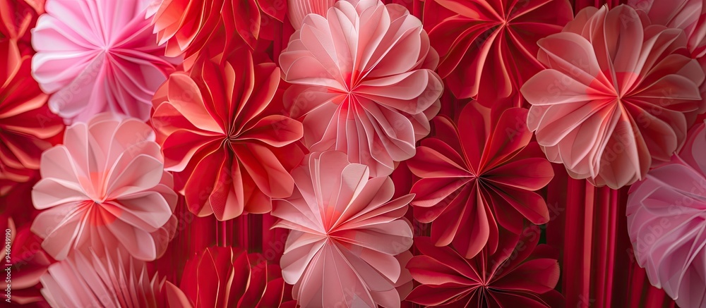 Birthday backdrop featuring red and pink paper decorations. Copy space image. Place for adding text and design