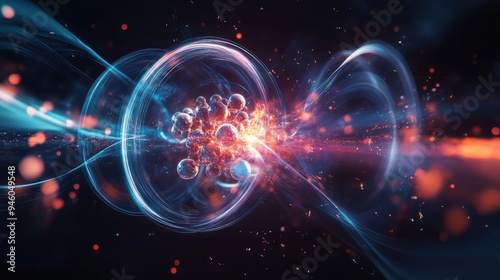 Graphic representation of isotopes in nuclear fission, showing particle motion and energy waves, ideal for educational content on atomic science and nuclear energy