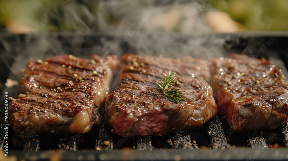Juicy appetizing grilled beef steak. Beef steak with herbs and spices. Red meat. generation AI Juicy appetizing grilled beef steak. Beef steak with herbs and spices. Red meat. generation AI