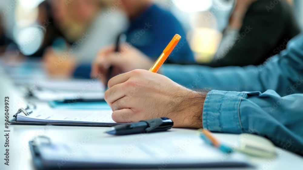 An adult attending business seminars and workshops, taking notes and networking with industry professionals to enhance their learning An adult attending business seminars and workshops, taking notes and networking with industry professionals to enhance their learning