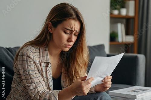Worried Young Woman Reading Distressing Letter at Home: Emotional Moment on the Sofa
