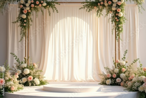 Elegant Wedding Arch Decor with Floral Arrangements and White Curtains