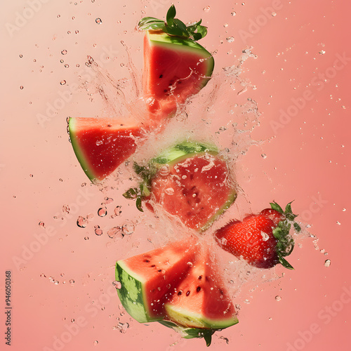 Watermelon and strawberry milk splash on salmon color background