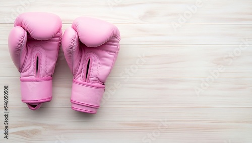 Pink boxing gloves on a light wooden background