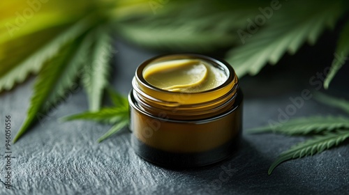 Organic Hemp Cream Jar on Dark Stone Table Closeup