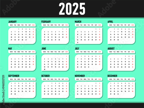 2025 Calendar template, Calendar 2025 design vector, unique design layout, Week starts Sunday, Wall calendar 2025, vector eps 10