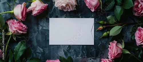 Wallpaper Mural Blank white gift card placed among pink roses waiting for your message Blank greeting card and a bouquet of roses on a dark background mockup for your design Celebrating a romantic holiday Torontodigital.ca