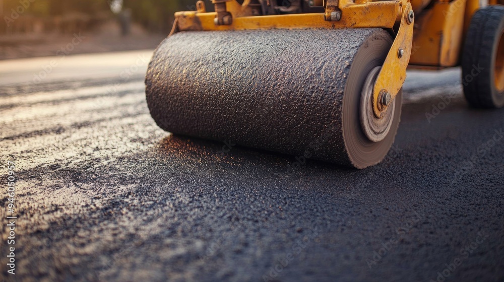 Close-Up of a Roller Compacting Fresh Asphalt Close-Up of a Roller Compacting Fresh Asphalt