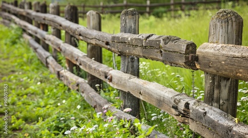 Rustic wooden fence bordering a lush, green field