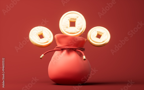 Gift bag and inflatable golden coins balloon, 3d rendering. photo