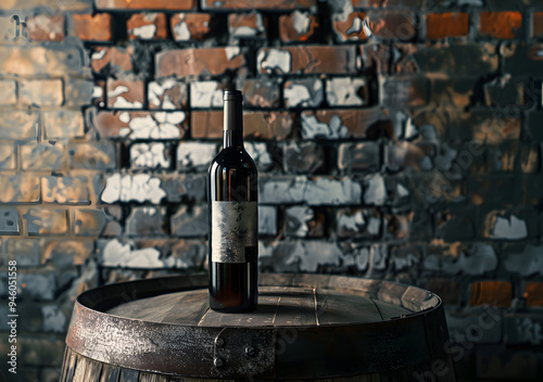 wine bottle on barrel, brick wall in background