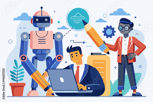 AI Artificial Intelligence work with human, robot or automation to help success, robot to replace human employment, job uncertainty concept, frustrated businessman working with pencil with AI robot
