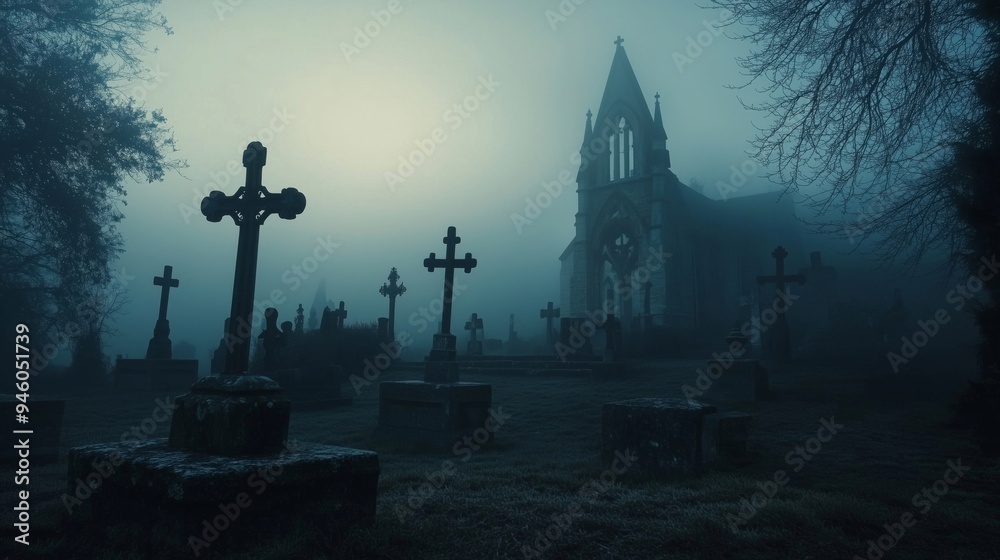 A Haunting Foggy Graveyard with a Gothic Church Silhouette A Haunting Foggy Graveyard with a Gothic Church Silhouette