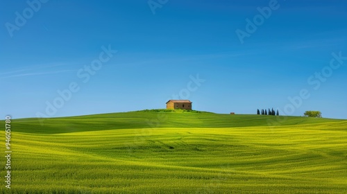 Rolling green hills with a lone farmhouse under a clear blue sky