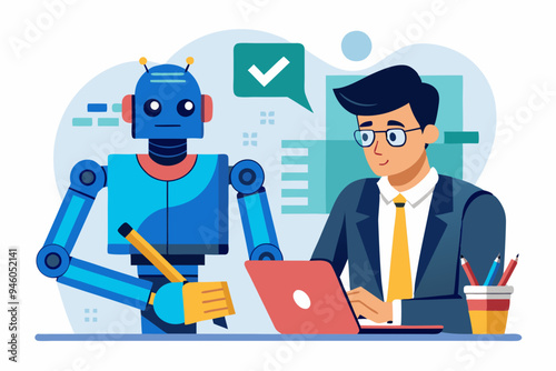 AI Artificial Intelligence work with human, robot or automation to help success, robot to replace human employment, job uncertainty concept, frustrated businessman working with pencil with AI robot
