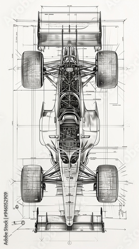 Blueprint sketch of a formula one race car