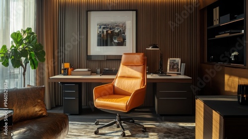 Modern Home Office with a Leather Chair photo