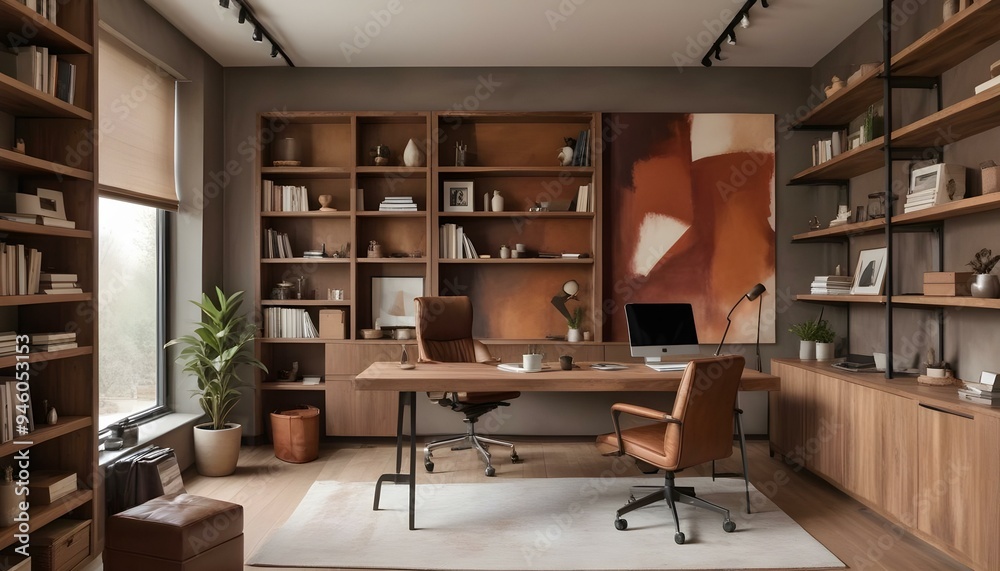 A modern home office with a wooden desk, leather chair, and shelving units on the walls. The room has a warm, cozy atmosphere with a large abstract painting on the wall A modern home office with a wooden desk, leather chair, and shelving units on the walls. The room has a warm, cozy atmosphere with a large abstract painting on the wall