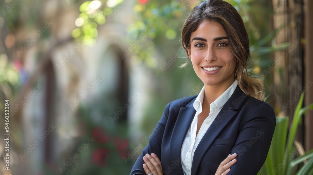 Confident young businesswoman in suit and white shirt smiling with arms crossed in professional pose Confident young businesswoman in suit and white shirt smiling with arms crossed in professional pose